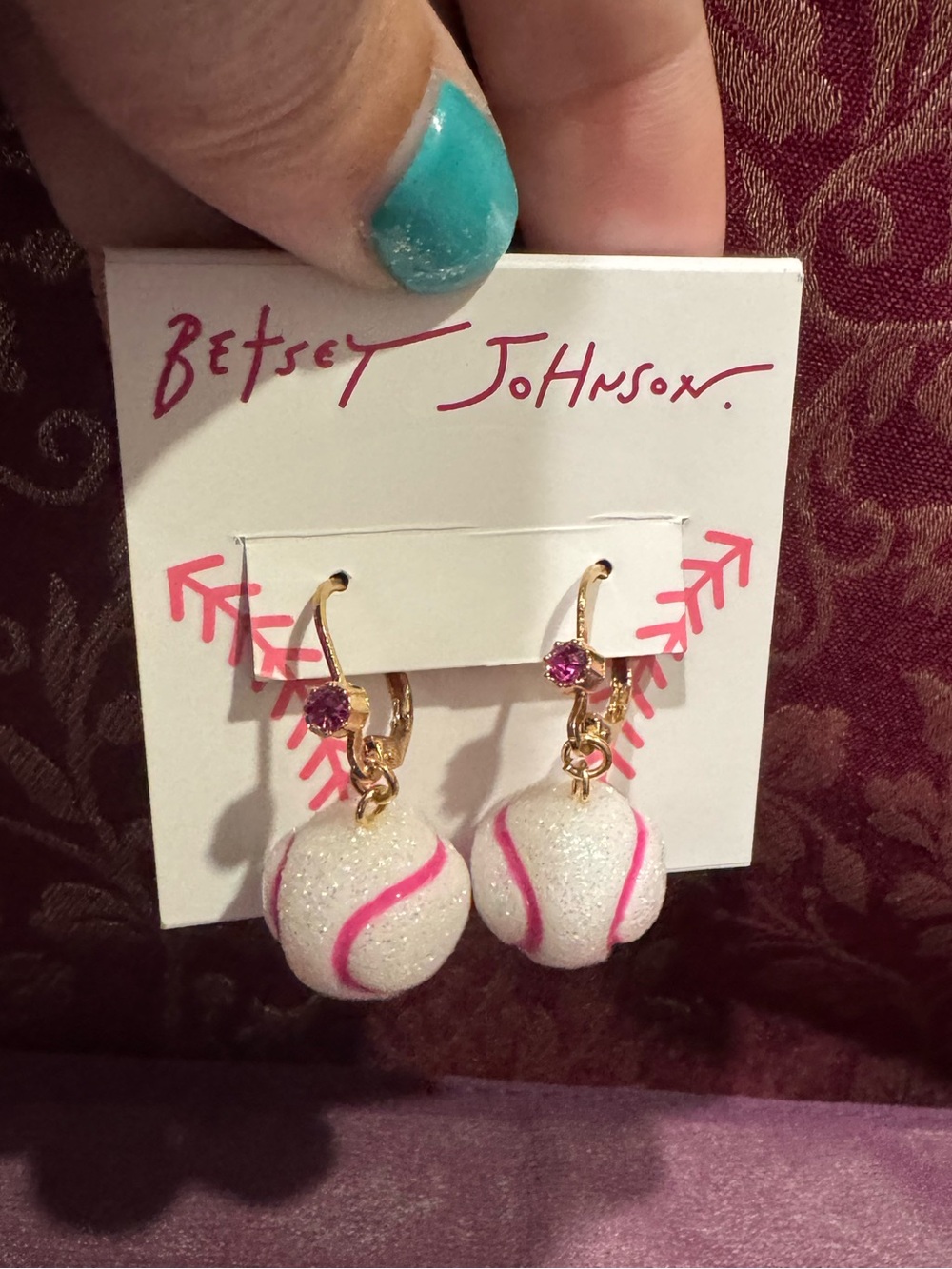 Betsey Johnson Pink Gold-tone Baseball Novelty Mini Hoop Earrings